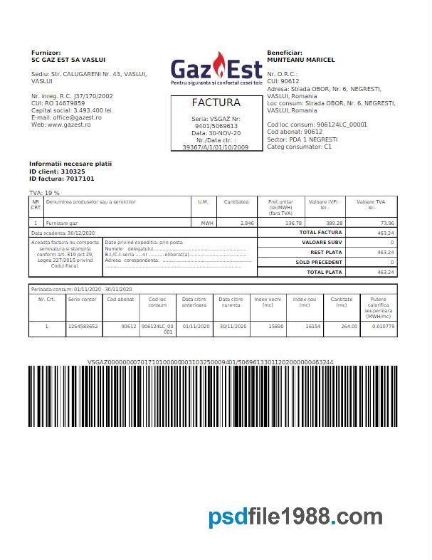 Romania Gas EST Utility Bill